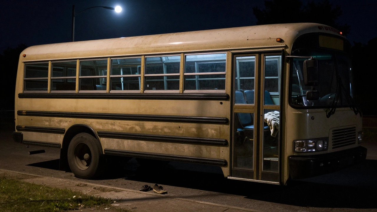 An empty school bus at night, doors slightly open, a blanket and shoes left behind under a streetlamp.